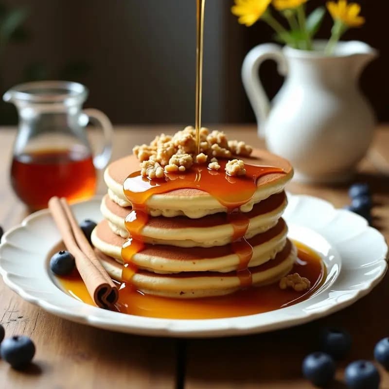Pila de pancakes dorados de avena y queso cottage con sirope de arce derramándose por los bordes, acompañados de nueces picadas y una ramita de canela sobre un plato blanco rústico. Desayuno americano alto en proteína.
