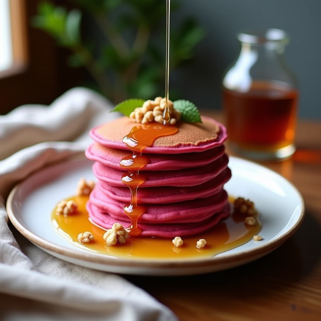 Pila de pancakes esponjosos de color rosado intenso por la remolacha, servidos en plato blanco rústico con sirope de arce dorado cayendo en hilo y nueces picadas. Fondo desenfocado con toalla de lino y ramita de menta. Desayuno canadiense alto en fibra sin azúcar.