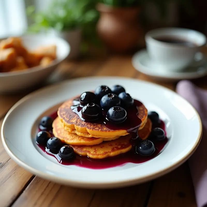 Pila de pancakes dorados de batata y coco sin gluten, servidos en un plato blanco con salsa de arándanos rojos brillante y coco rallado por encima. Fondo rústico con utensilios de madera y arándanos frescos.