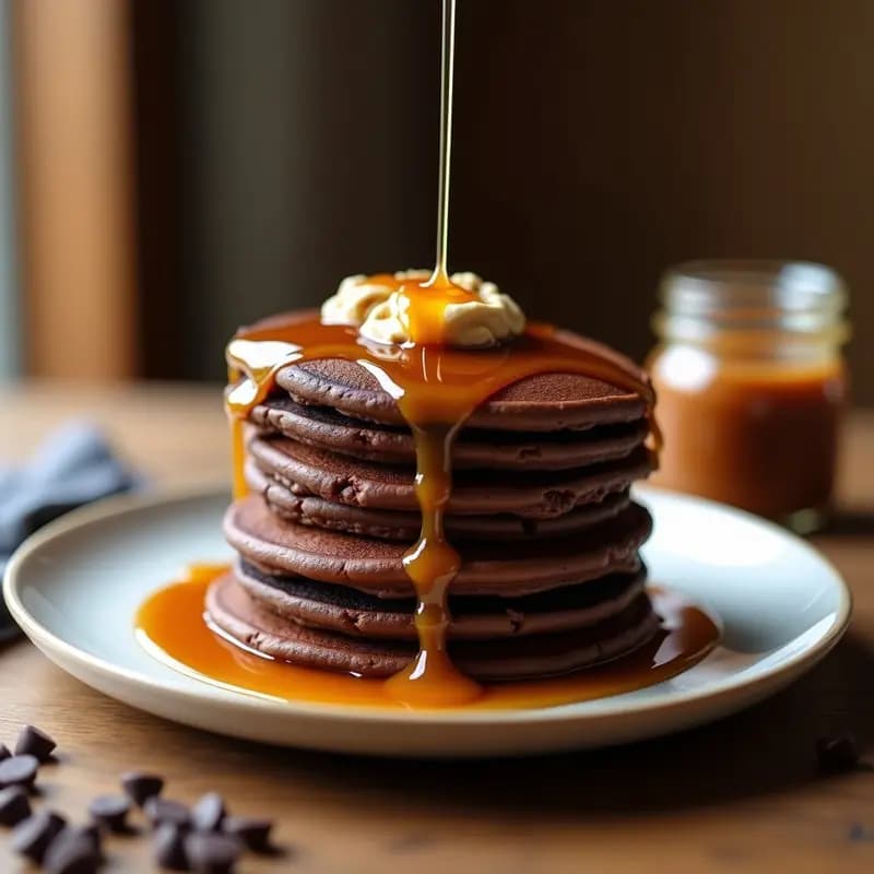Plato con stack de pancakes dorados de chocolate negro, untados con mantequilla de cacahuete cremosa y bañados en sirope de arce brillante, receta de desayuno dulce y energético.
