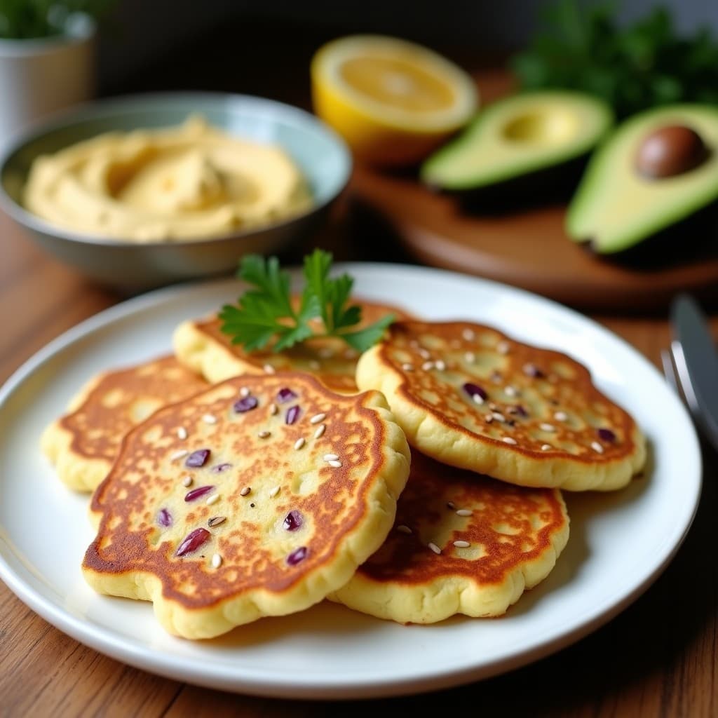 Pancakes dorados de coliflor y harina de garbanzo servidos en plato blanco con semillas de sésamo, acompañados de aguacate y rodajas de limón, desayuno sin gluten y alto en fibra.