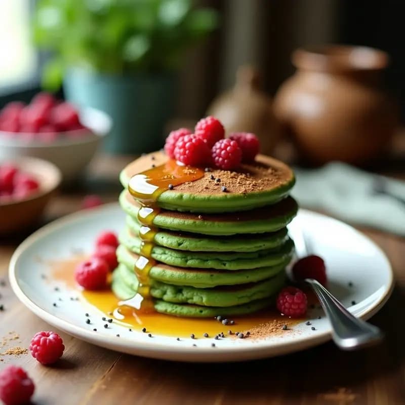 Pila de pancakes verdes vibrantes de espinaca y proteína de guisante, apilados con sirope de agave en cascada, semillas de chía y frutos rojos frescos. Plato blanco sobre fondo rústico, receta alta en proteína y vegana.
