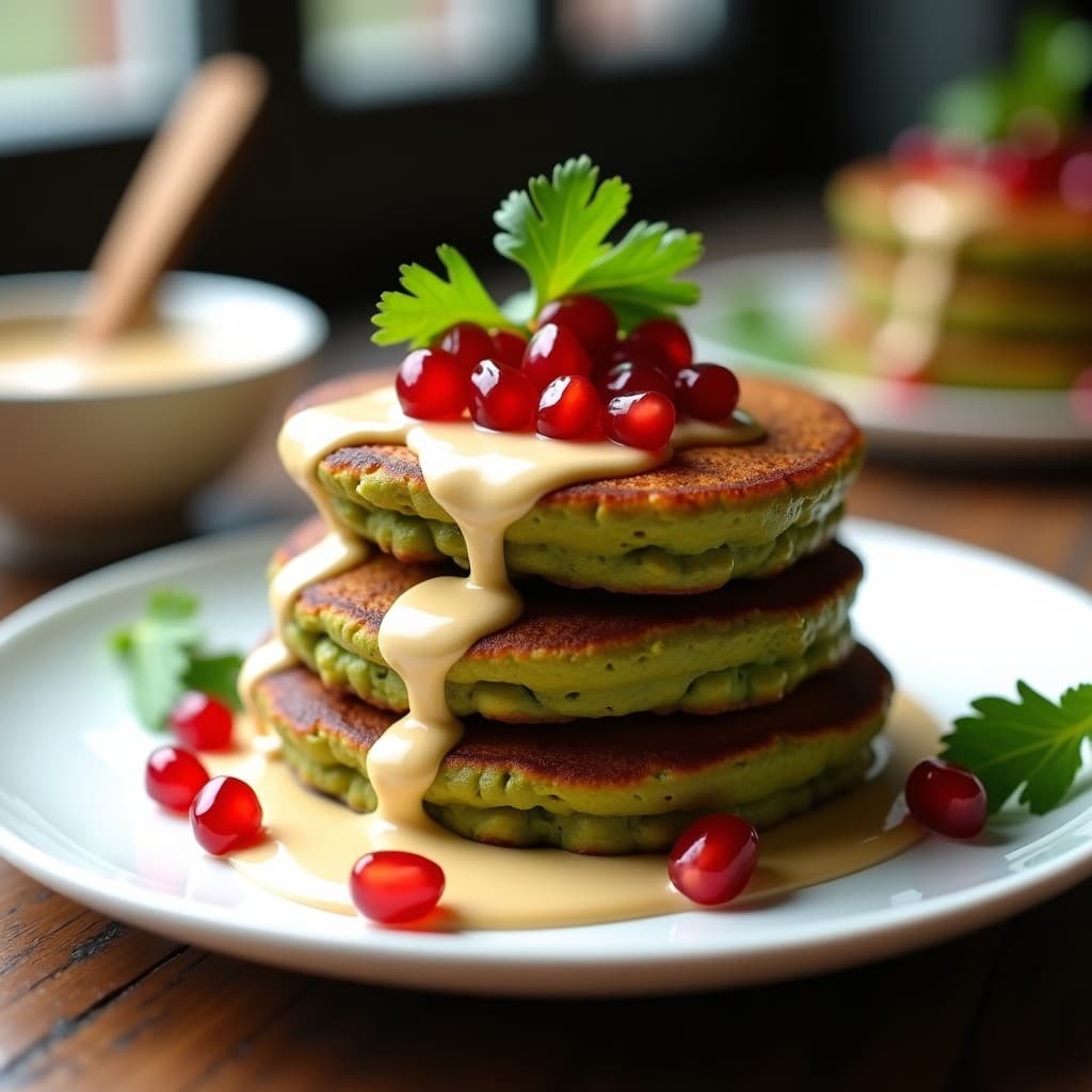 Pancakes dorados de garbanzo y espirulina en airfryer servidos en plato blanco, bañados con salsa de tahini cremosa y decorados con semillas de granada rojas y hojas de cilantro verde. Receta vegana de desayuno alta en proteína.