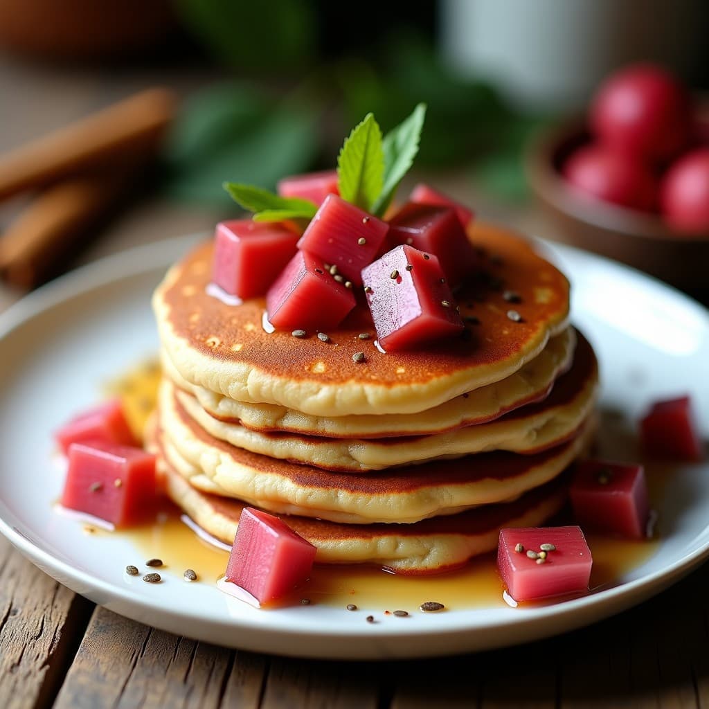 Pila de pancakes dorados de harina de almendra y ruibarbo, servidos en plato blanco con trozos de ruibarbo cocido y semillas de chía espolvoreadas, desayuno sin azúcar y alto en fibra.