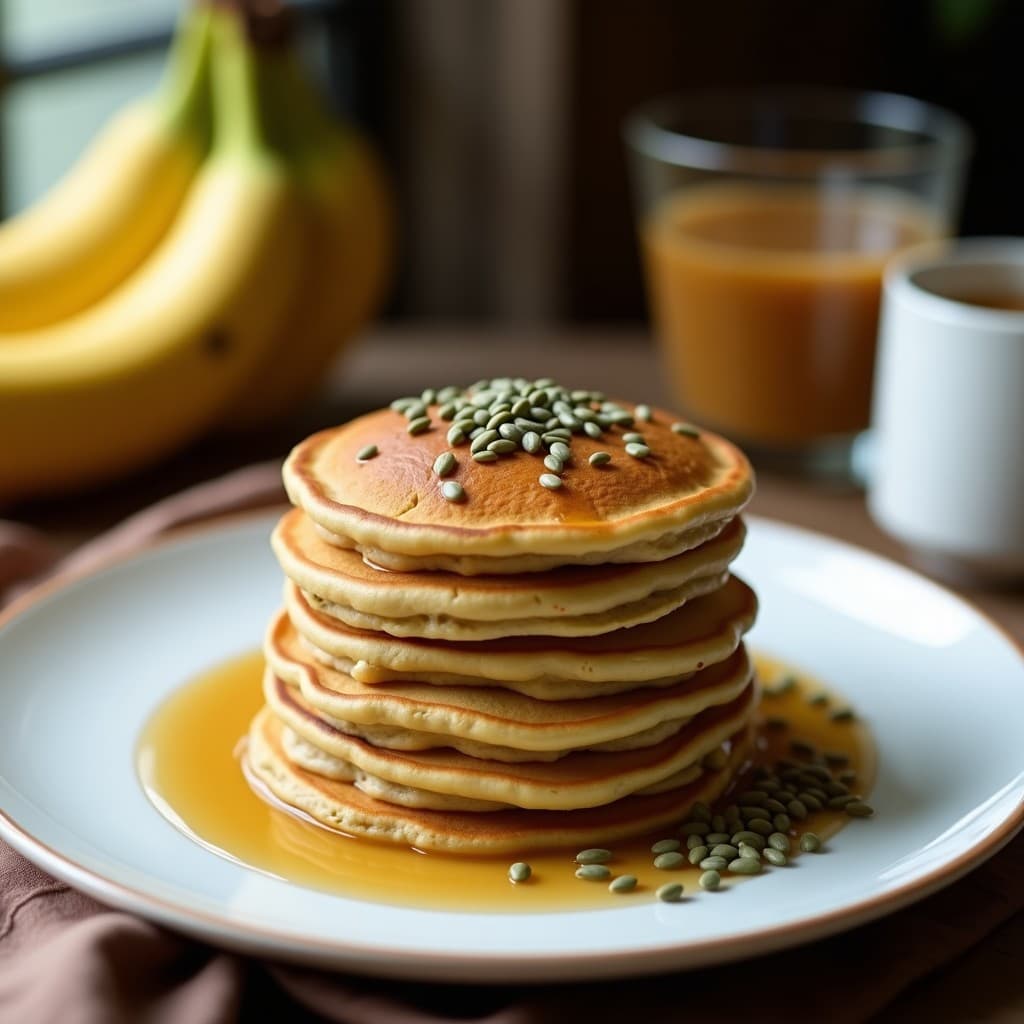 Pila de pancakes dorados de harina de banana verde y semillas de cáñamo, servidos en un plato blanco con un chorrito de sirope de agave y semillas de cáñamo espolvoreadas, fondo rústico de madera.