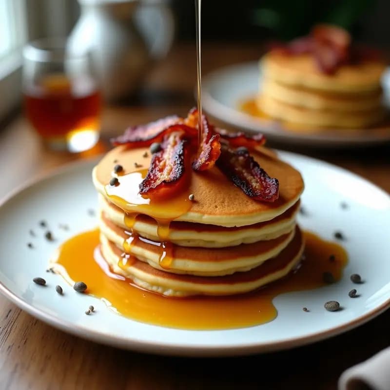 Pila de pancakes dorados y esponjosos de harina de guisante, bañados en sirope de arce brillante, coronados con tiras crujientes de bacon vegano de tofu ahumado y semillas de chía. Plato blanco con fondo rústico y toques de madera, ideal para desayuno proteico y viral en redes sociales.