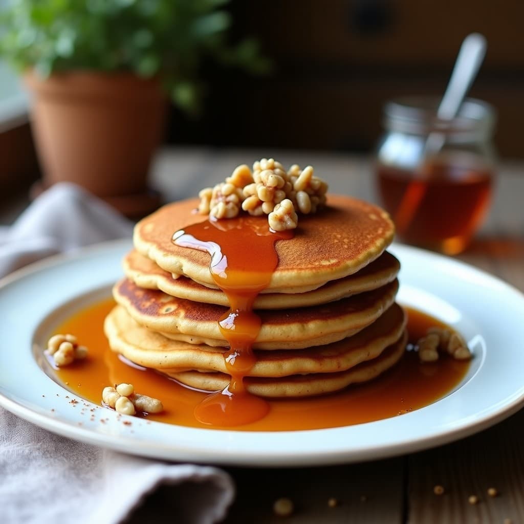 Pila de pancakes dorados de harina de lenteja roja con sirope de dátil brillando, decorados con nueces picadas y un toque de canela en polvo, servidos en plato blanco sobre fondo rústico de madera.