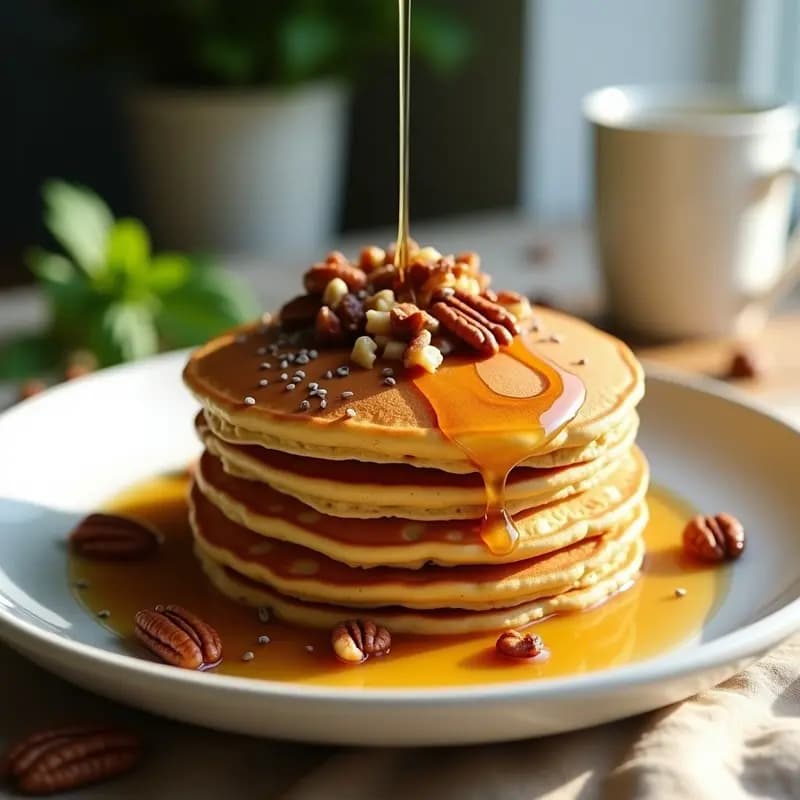 Pila de pancakes dorados y esponjosos hechos con harina de lentejas, bañados en sirop de arce brillante, coronados con nueces tostadas picadas y semillas de chía, servidos en plato blanco rústico sobre fondo de madera clara.