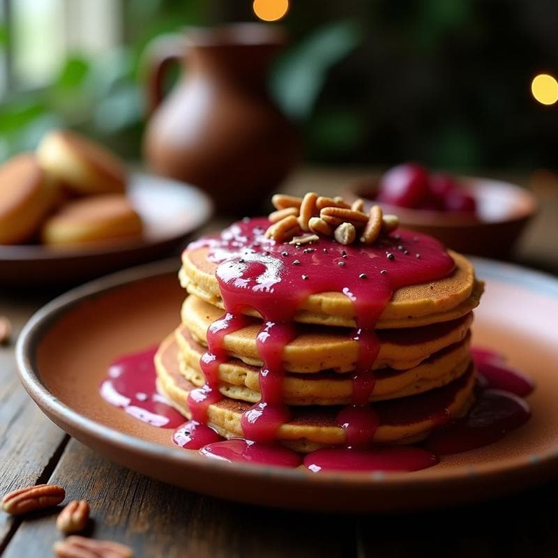 Pila de pancakes dorados de harina de teff con compota de higo chumbo brillante y nueces pecanas tostadas encima, servidos en plato de barro rústico con fondo de madera oscura.