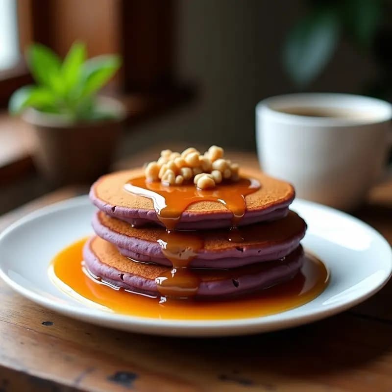 Torres de pancakes japoneses esponjosos de camote morado bañados en sirope de arce, con nueces picadas y semillas de chía, servidos en plato blanco sobre fondo rústico de madera.