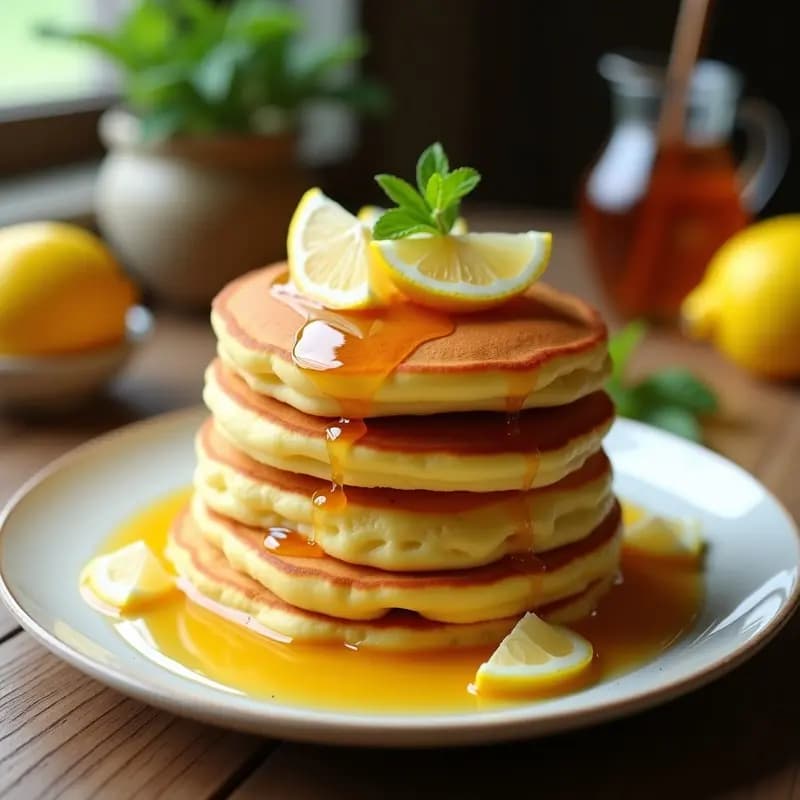 Pila de pancakes japoneses soufflé dorados y altos, brillantes por la miel y decorados con rodajas de limón fresco sobre un plato blanco. Fondo difuminado con utensilios de cocina y un jarrito de miel.
