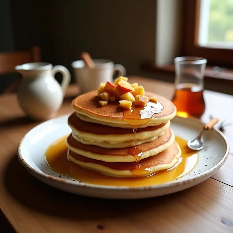 Pila de pancakes holandeses dorados y espesos con trozos de manzana caramelizada, espolvoreados con canela y bañados en sirope de arce brillante. Plato rústico de cerámica blanca con fondo de madera y cucharón de sirope al lado.