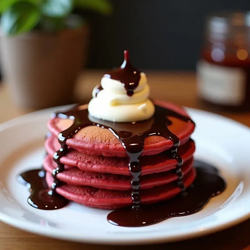 Pancakes de Red Velvet con Glaseado de Queso Crema y Sirop de Chocolate: Desayuno de Rey