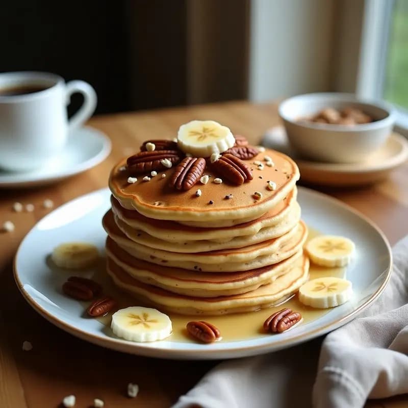 Pila de pancakes dorados de trigo sarraceno y plátano servidos en un plato blanco rústico, con toppings de nueces picadas y un hilo de miel de agave. Desayuno francés sin gluten y keto, esponjoso y apetitoso.