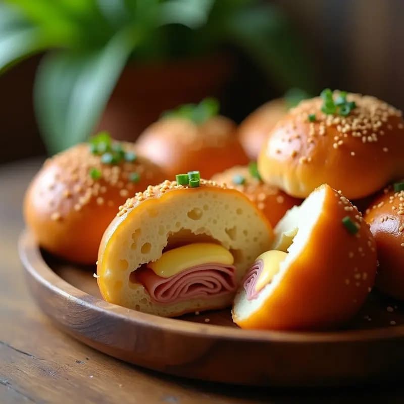 Pandesal filipino dorado y crujiente relleno de queso Edam derretido y jamón cocido, servido en una bandeja de madera con cebollino fresco espolvoreado.