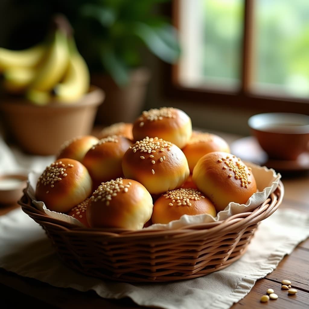 Panecillos dorados de harina de plátano verde con semillas de sésamo tostadas en la superficie, servidos en una canasta de mimbre sobre un mantel rústico. Desayuno colombiano sin gluten y sin horno.