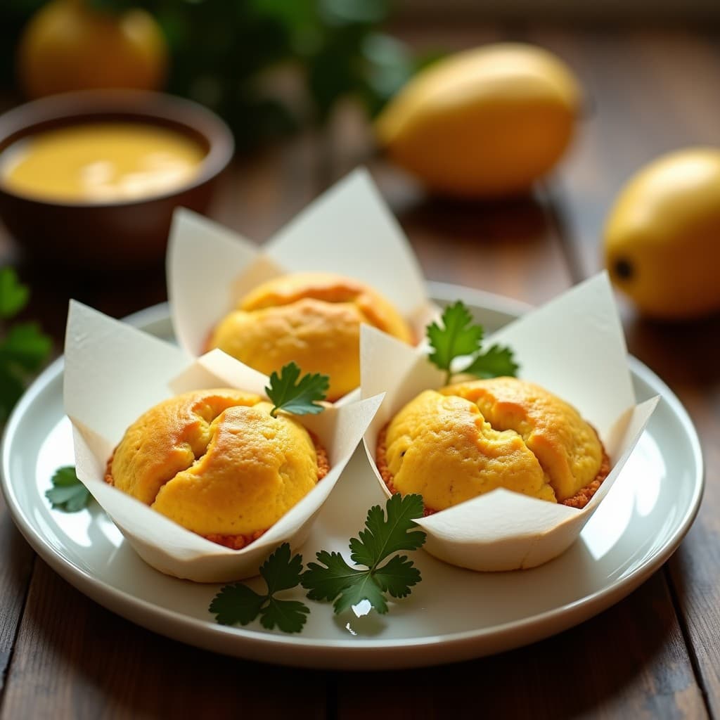 Panecillos dorados de maíz y queso con ajiaco de guanábana, servidos en capacillos de papel sobre una mesa de madera rústica, decorados con hojas de cilantro fresco.