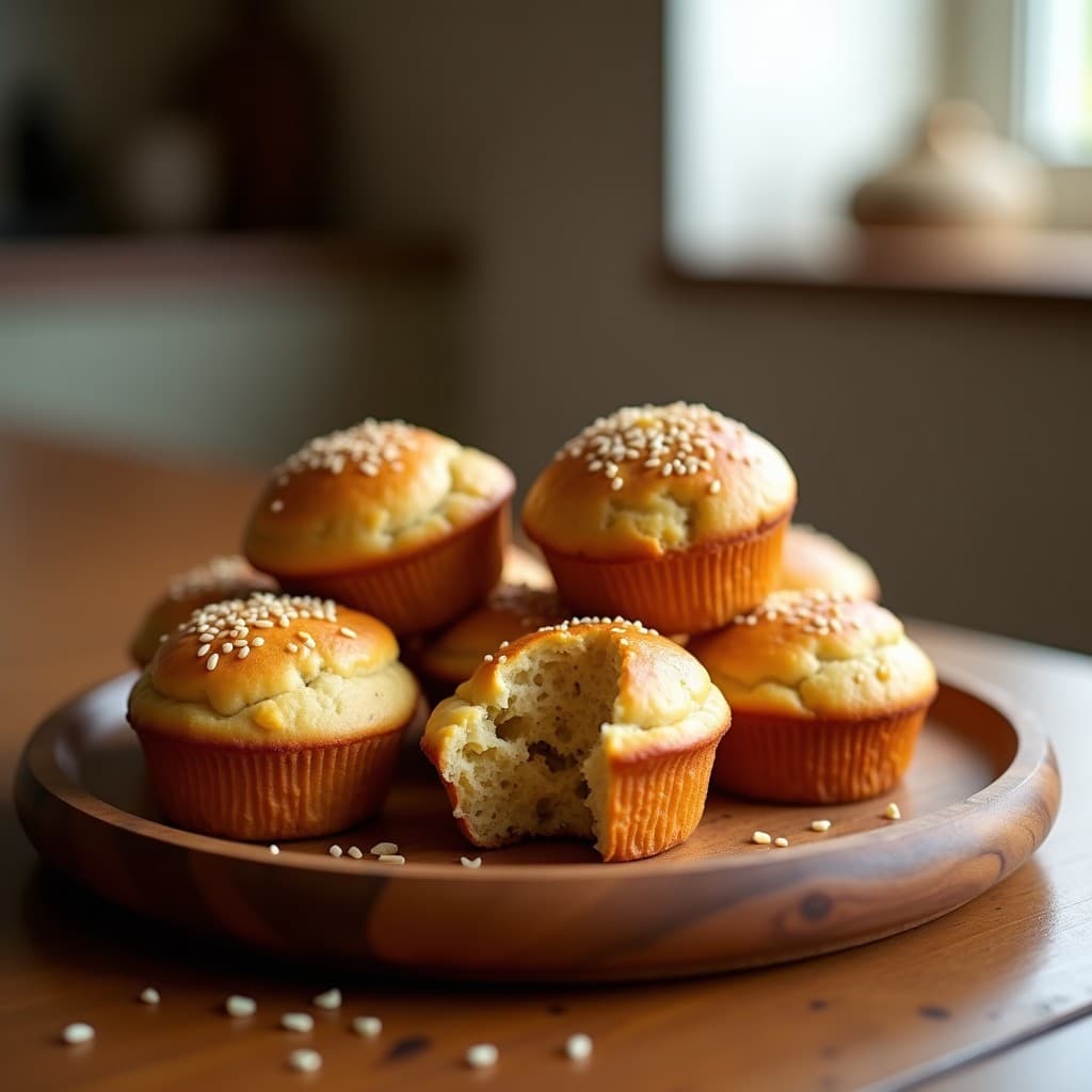 Panecillos dorados de harina de plátano macho con semillas de sésamo tostadas en la superficie, servidos en una fuente de madera rústica con un fondo de cocina colombiana tradicional. Textura esponjosa y crujiente, ideal para desayunos sin gluten.