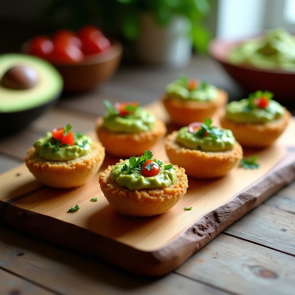 Panecillos dorados de yuca y semillas de chía con relleno cremoso de guacamole verde, servidos en una bandeja de madera rústica con hojas de cilantro fresco. Aperitivo colombiano sin gluten crujiente y saludable.