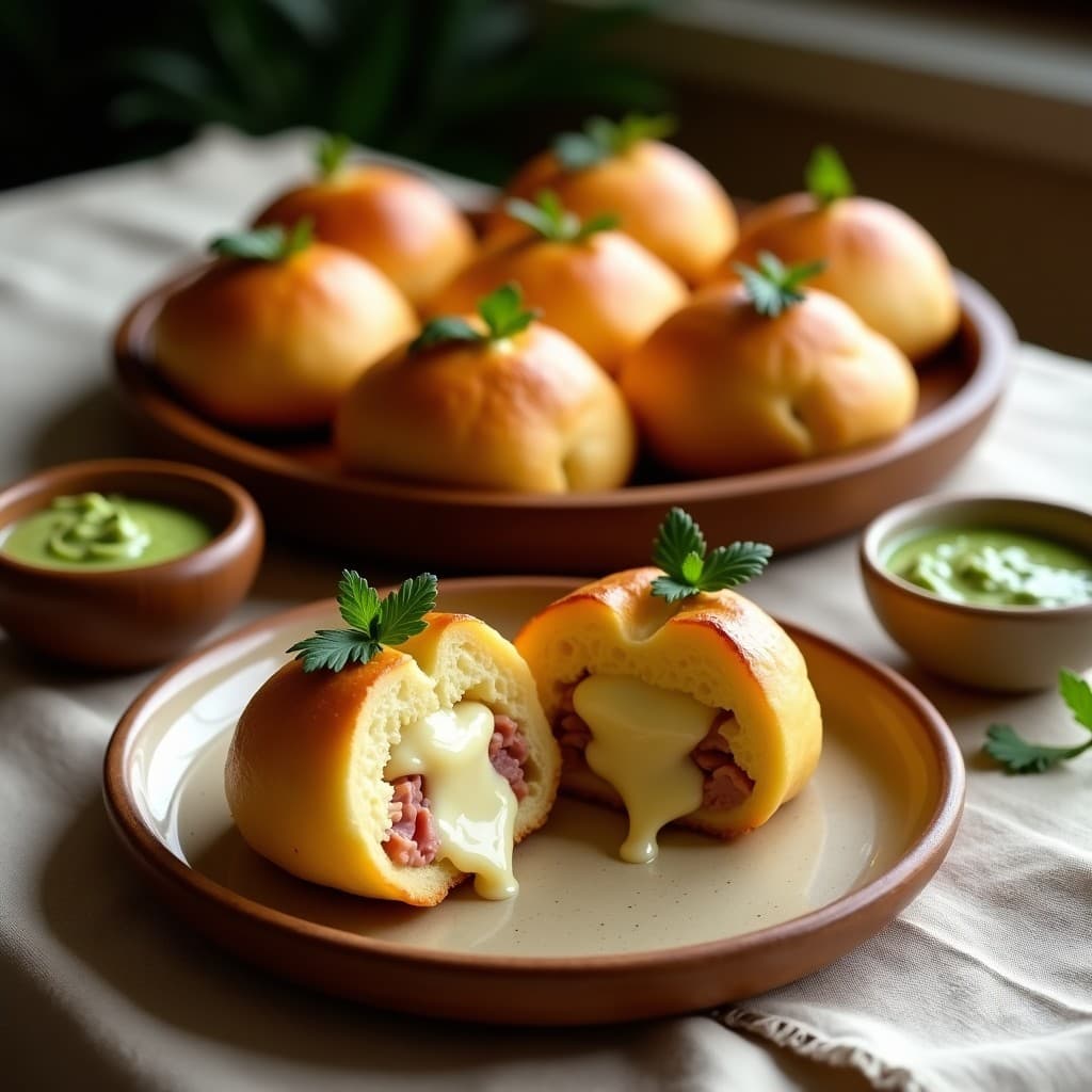 Panecillos dorados de yuca rellenos de queso sin lactosa y jamón, horneados a la perfección, con textura esponjosa y superficie crujiente, servidos en bandeja de madera.
