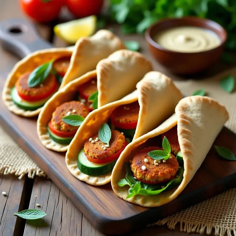 Panes de pita integral abiertos rellenos de falafel dorado, rodajas de tomate, pepino en juliana, hojas de menta y salsa de tahini cremosa, servidos en un tupper de madera con fondo rústico. Receta de oriente medio para llevar.