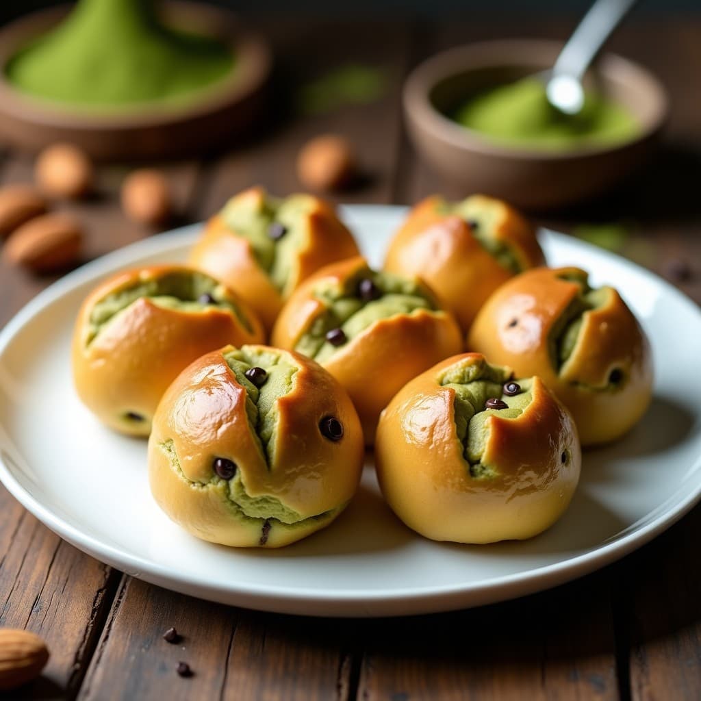 Panes de plátano y matcha con chips de cacao en airfryer, postre keto sin azúcar, esponjosos y dorados, servidos en un plato blanco con fondo rústico.