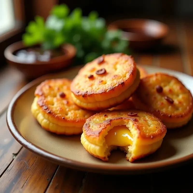 Panas de Yuca Rellena de Queso y Chicharrón doradas y crujientes en la parte exterior, con el queso derretido asomándose ligeramente por los bordes, servidas en un plato rústico de barro con hogao al lado. Desayuno colombiano tradicional preparado en Airfryer.