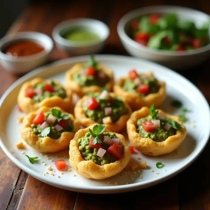 Pani puri vegano con relleno cremoso de aguacate y garbanzos, servido en plato de cerámica blanca con salsas de tamarindo y menta, decorado con semillas de sésamo y cilantro fresco.