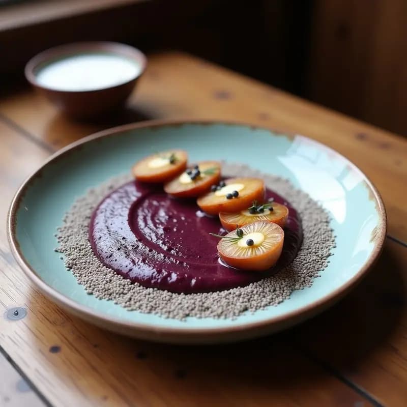 Panna Cotta de Açaí y Chía vegana servida en copa de cristal transparente, con capas cremosas de color morado oscuro, coronada con granola crujiente, frutos rojos frescos y hojas de menta. Postre brasileño saludable y antioxidante.