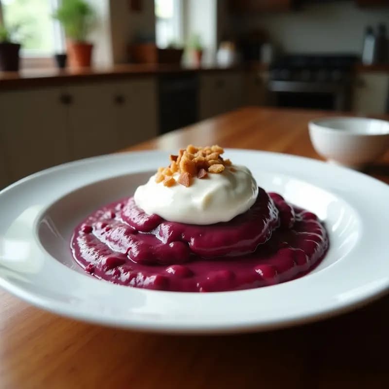 Panna cotta de açaí en copa de cristal transparente, con un coulis brillante de maracuyá y semillas de chía, decorado con coco rallado y hojas de menta. Postre brasileño vegano sin lácteos ni gelatina.