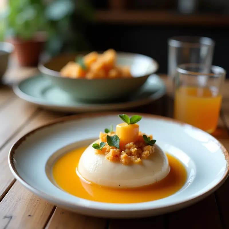 Panna cotta de color morado intenso servida en copa de cristal transparente, coronada con granola de quinoa dorada, frutos rojos frescos y hojas de menta, sobre fondo blanco con textura rústica.