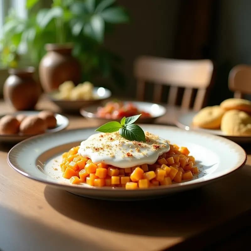 Copas de cristal transparente con Panna Cotta de caña de azúcar y vainilla, coronada con salsa de mango amarillo brillante y semillas de chía. Plato de postre colombiano sin horno, servido sobre una mesa de madera rústica con hojas de menta como decoración.