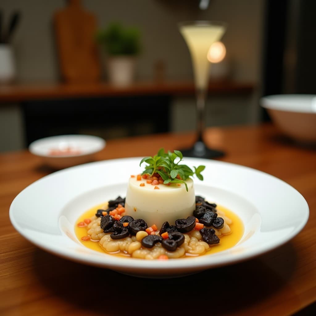 Panna Cotta de Chuño y Coco servida en copa de cristal transparente, con capas cremosas y decoración de coco rallado tostado. Plato vegano boliviano sin cocción, sobre fondo rústico de madera con hojas de coca al lado.