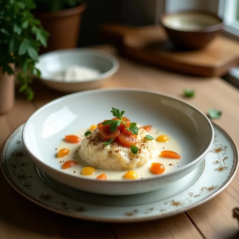 Panna Cotta Italiana de Coco y Mango en vasitos de vidrio transparente, con capas cremosas de color dorado y naranja, decorada con coco rallado tostado y hojas de menta fresca sobre un fondo rústico de madera.