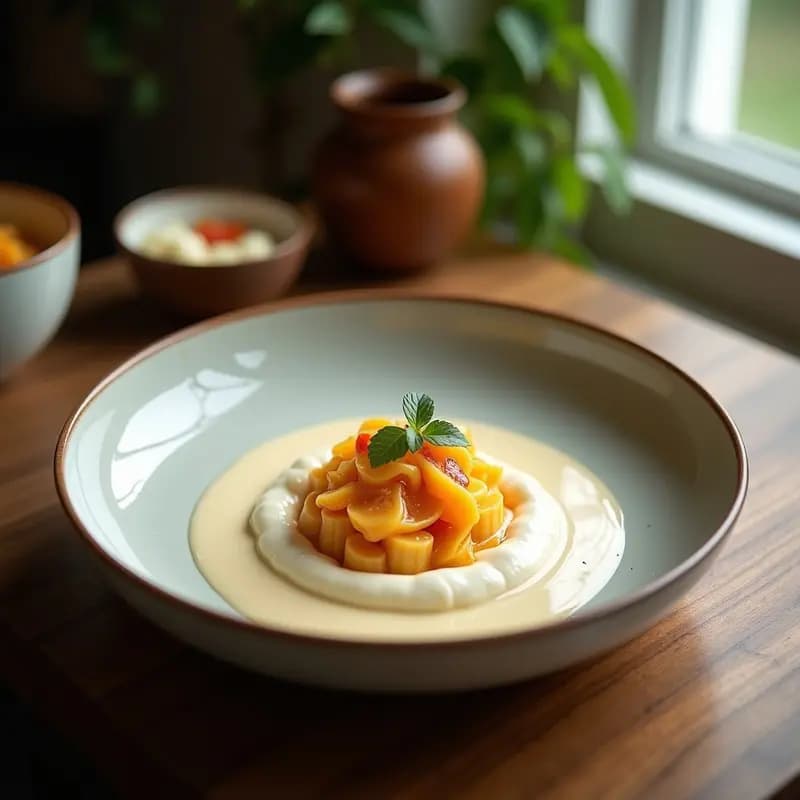 Panna cotta vegana de coco y vainilla en copa de cristal transparente, con superficie sedosa y decoración de almendras fileteadas tostadas. Fondo borroso con hojas de menta y luz natural.