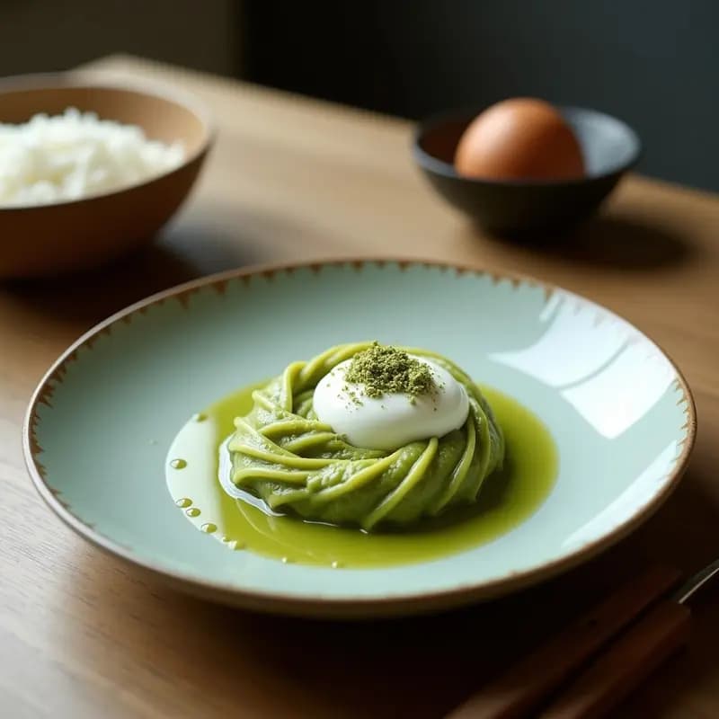 Panna Cotta de matcha y coco servida en copas de cristal transparente, con capa cremosa de color verde pálido, decorada con almendras fileteadas tostadas y un ligero espolvoreado de matcha en polvo por encima. Fondo minimalista con tonos neutros.