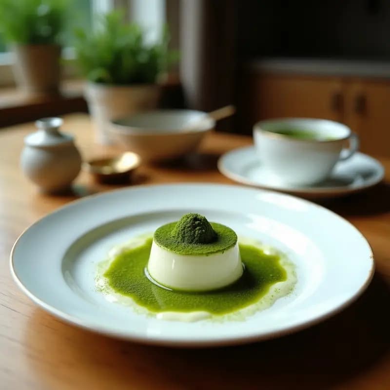 Panna cotta de matcha en copas de cristal transparente, con capas cremosas de color verde pálido, coronada por un couli de frambuesas de tono rojo intenso y decorada con frambuesas frescas y semillas de chía. Postre italiano antioxidante y elegante.