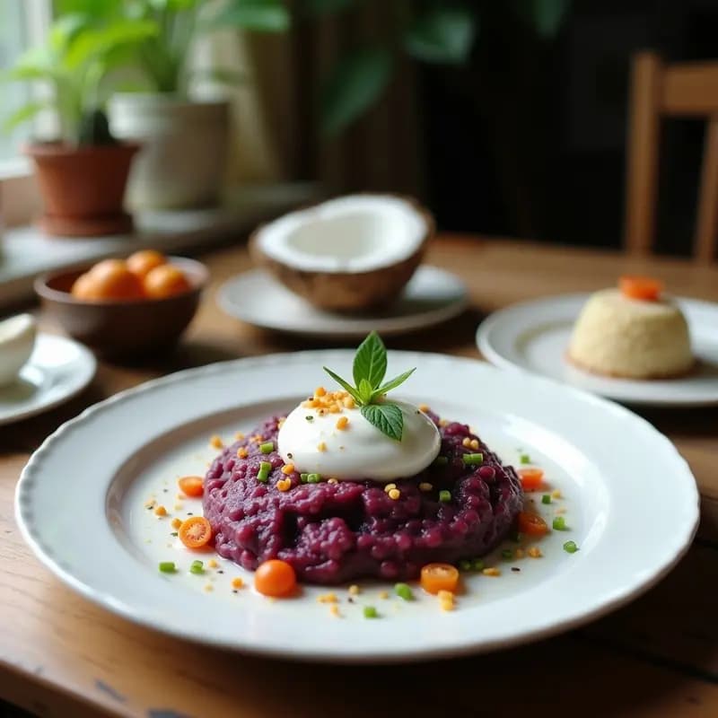 Panna Cotta de Vainilla y Purple Corn servida en copa de cristal transparente, con capas moradas y crema, decorada con frambuesas frescas, almendras fileteadas y un hilo de coulis de frambuesa. Postre peruano vegano con superalimentos, sobre fondo rústico de madera con hojas de menta.