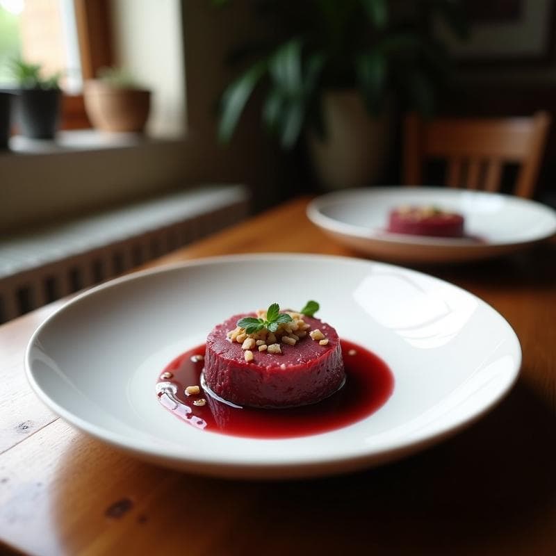 Panna Cotta vegana de vino tinto y bayas de goji servida en copas de cristal transparente, con un brillo sedoso y decorada con bayas de goji remojadas. Fondo rústico con detalles de vino tinto y canela.