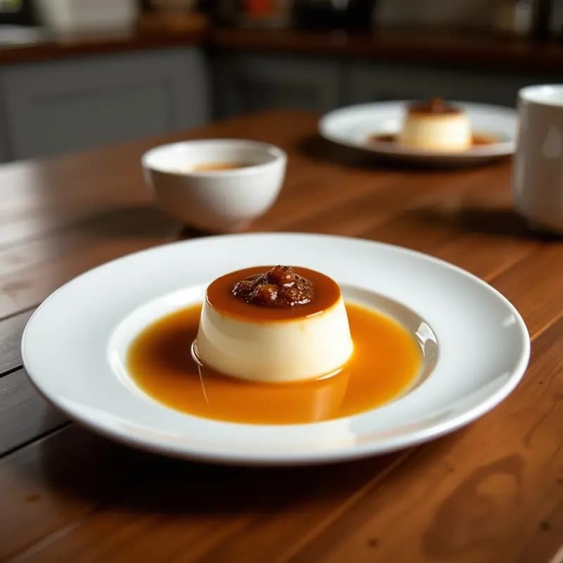 Panacotta de café y cardamomo con salsa de caramelo salado servida en copa de cristal, con textura sedosa y brillo dorado del caramelo, decorada con semillas de cardamomo y virutas de chocolate negro sobre fondo oscuro.
