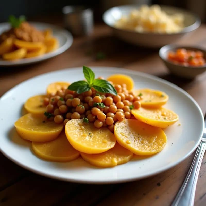 Plato blanco con seis Panni Puri de patata y garbanzos, obleas doradas y crujientes rellenas de un puré cremoso, decorados con chutney de tamarindo y cilantro fresco. Aperitivo indio vegano con textura contrastada.