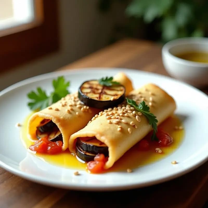 Plato blanco con panquecas de harina de garbanzo rellenas de berenjena asada, decoradas con semillas de sésamo y rodajas de berenjena. Receta brasileña sin gluten, servida con un hilo de aceite de oliva.