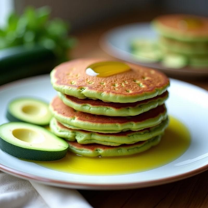 Pila de panqueques verdes esponjosos de harina de alfalfa y zucchini, con textura dorada, servidos en plato blanco rústico con aceite de oliva y rodajas de aguacate. Desayuno keto y sin gluten.
