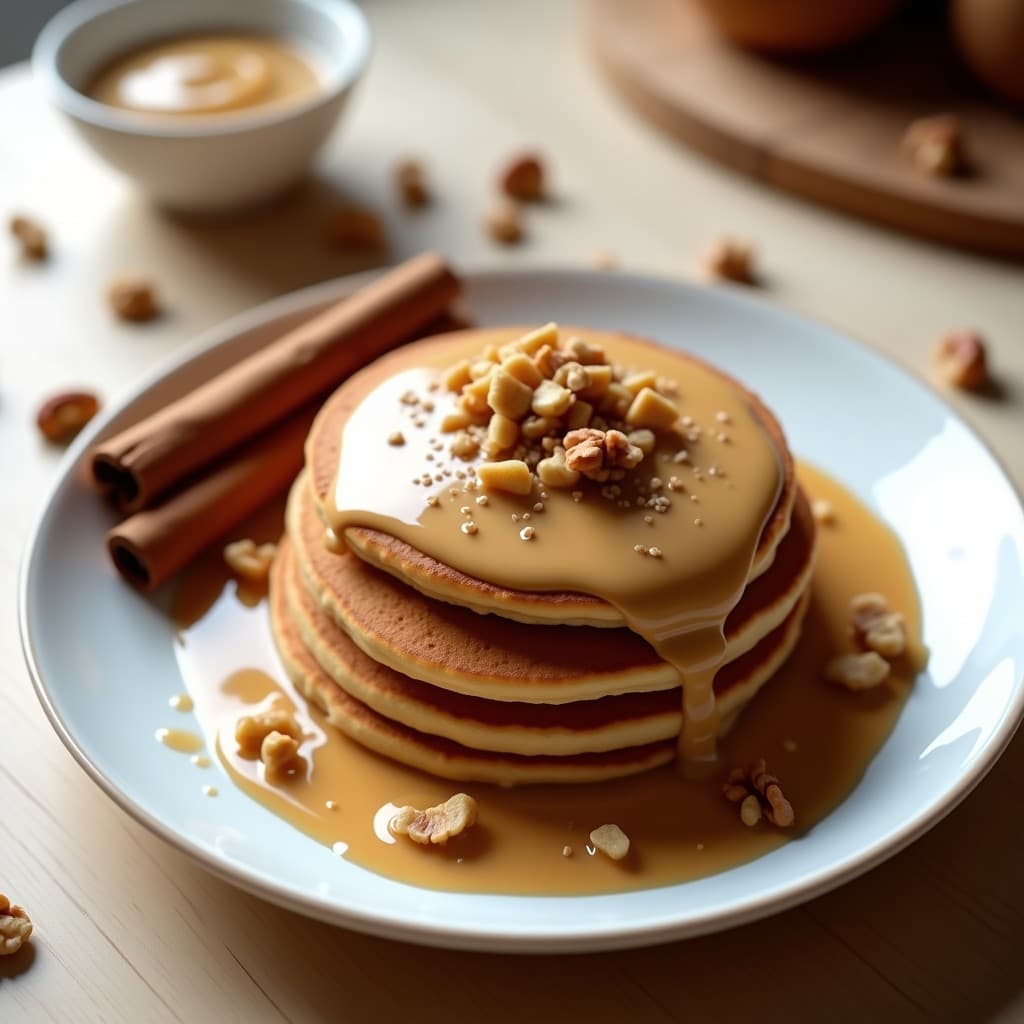 Plato blanco con panqueques dorados de harina de algarroba apilados, cubiertos con crema de castañas espesa y nueces picadas. Desayuno keto sin azúcar y sin lactosa, servido con una ramita de canela como decoración.