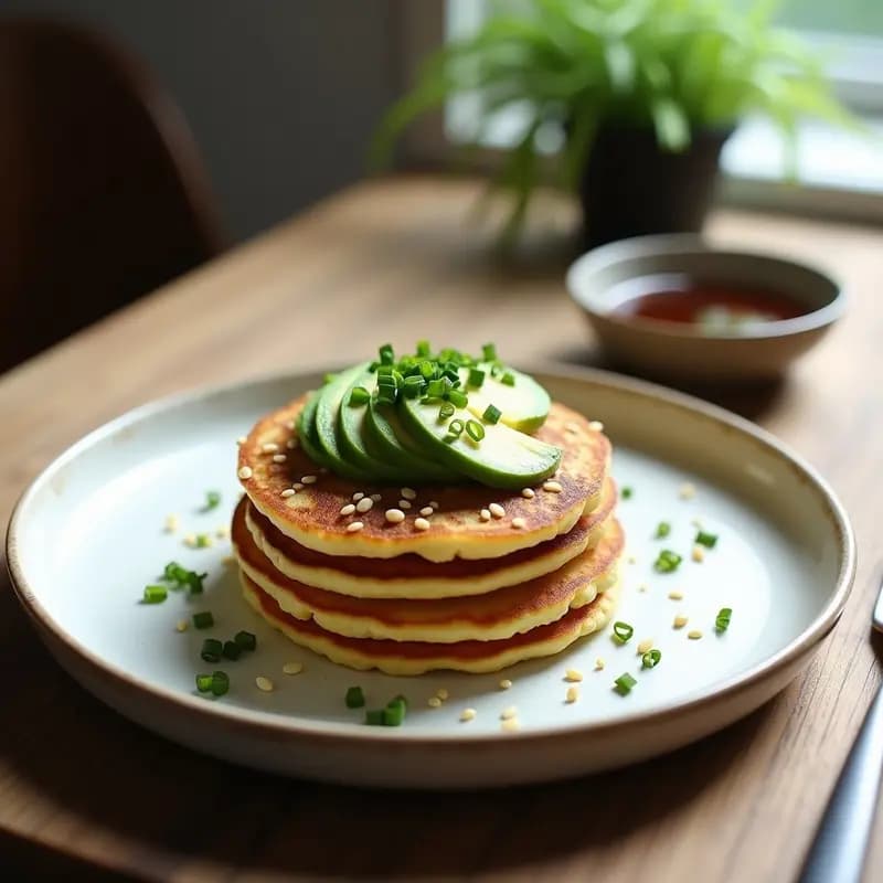 Plato blanco con panqueques de algas nori veganos dorados, apilados y decorados con semillas de sésamo, cebollino fresco y rodajas de aguacate, sobre fondo de madera rústica.