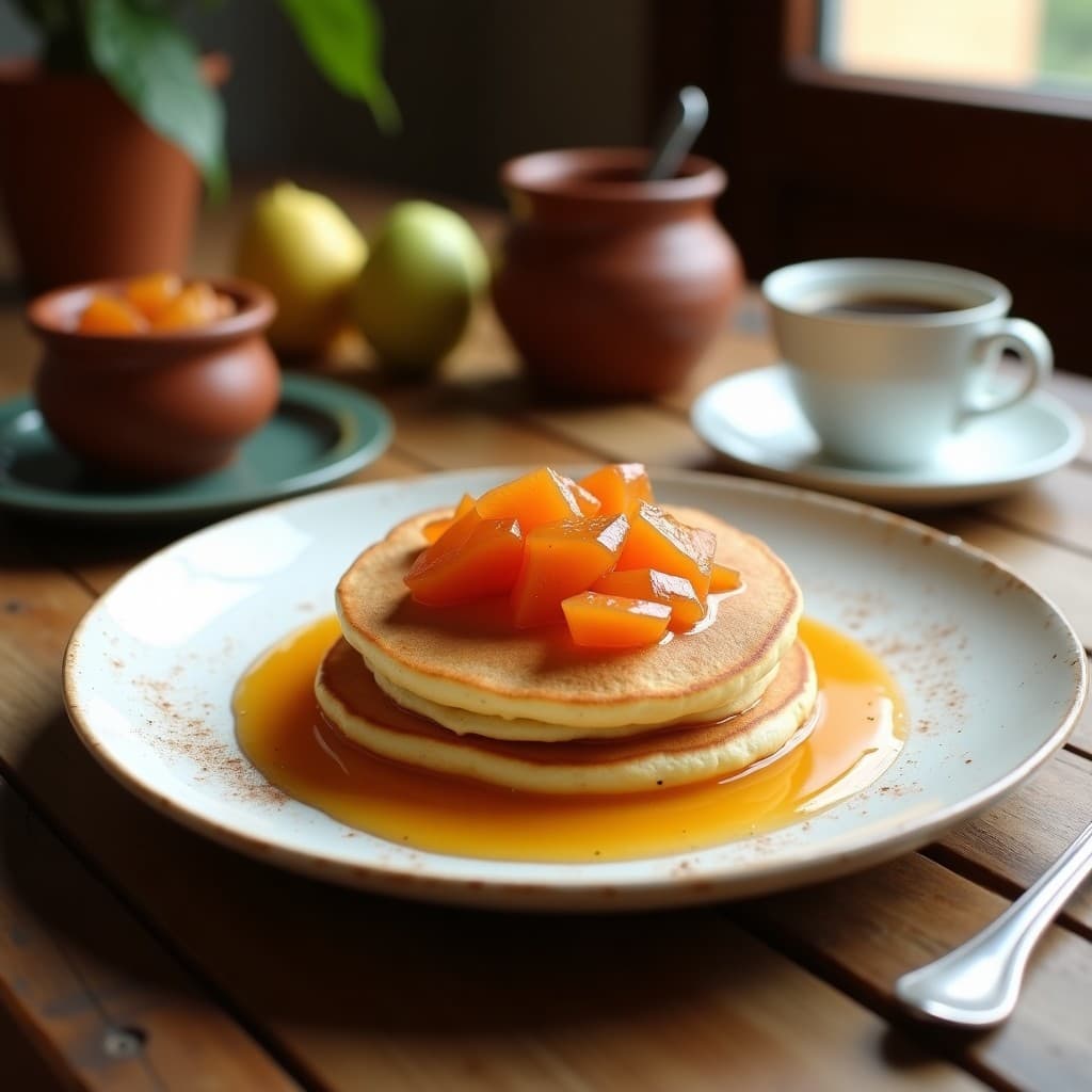 Plato blanco con panqueques dorados de harina de almazen apilados, cubiertos con compota de guayaba brillante y espolvoreados con canela, sobre fondo rústico de madera. Desayuno colombiano sin gluten.