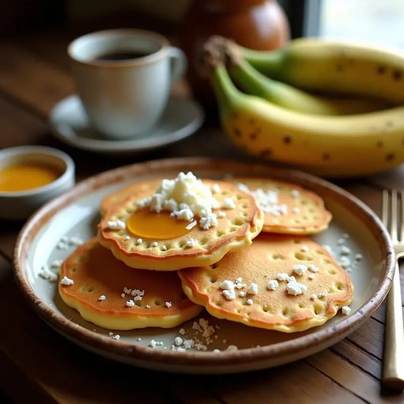 Plato de panqueques Andrade dorados, esponjosos y ligeramente compactos, servidos en un plato de barro con trozos de queso fresco desmenuzado y un chorrito de miel. Fondo rústico con elementos tradicionales colombianos.