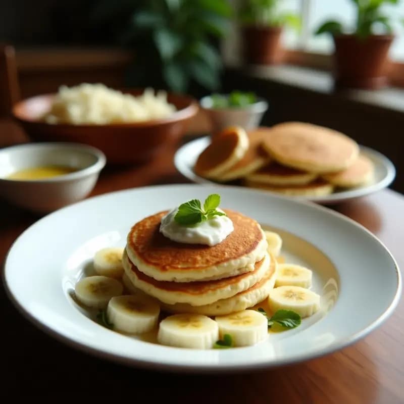 Plato blanco con panqueques dorados de arroz apilados, cubiertos de crema de coco espesa y rodajas de plátano maduro, decorados con coco rallado. Desayuno filipino sin gluten.