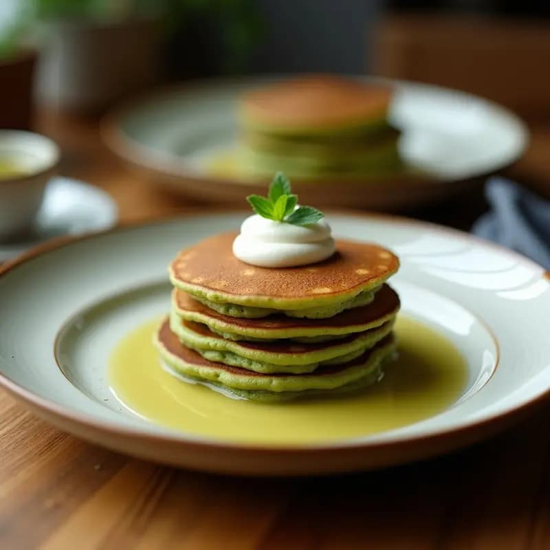 Plato blanco con panqueques esponjosos de color verde claro por el matcha, apilados y bañados en crema de anacardos cremosa. Decorados con semillas de chía y hojas de menta fresca. Desayuno vegano sin azúcar sobre fondo rústico de madera.