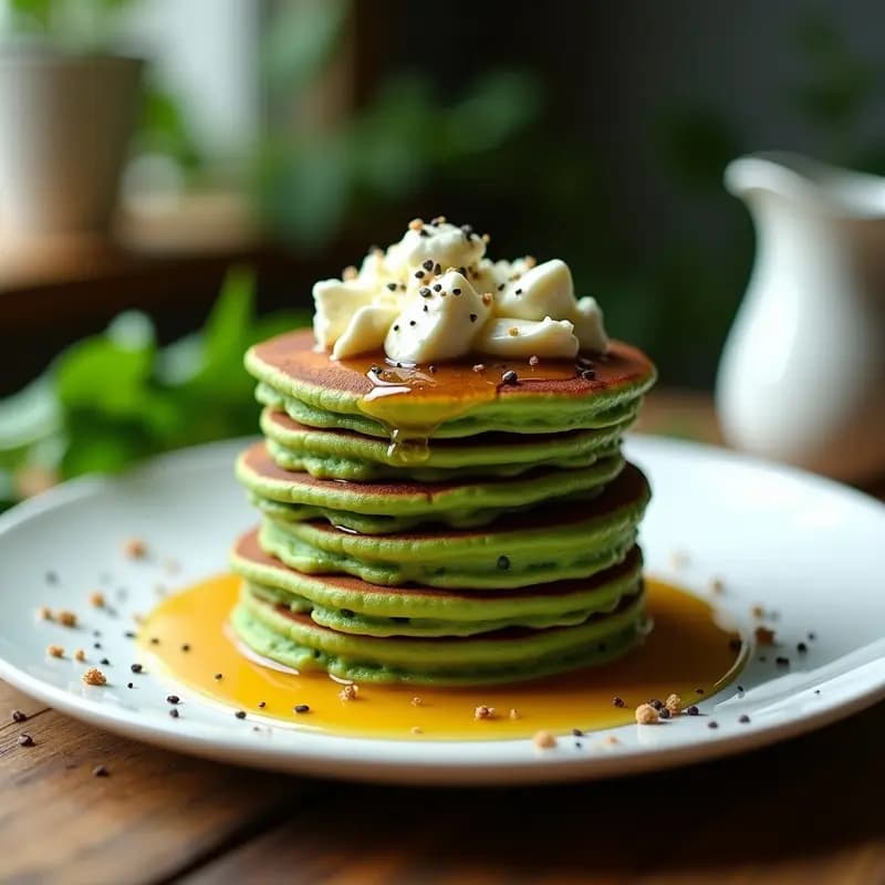 Panqueques de Espinaca y Queso de Cabra con Sirope de Dátiles: Desayuno Verde Indulgente